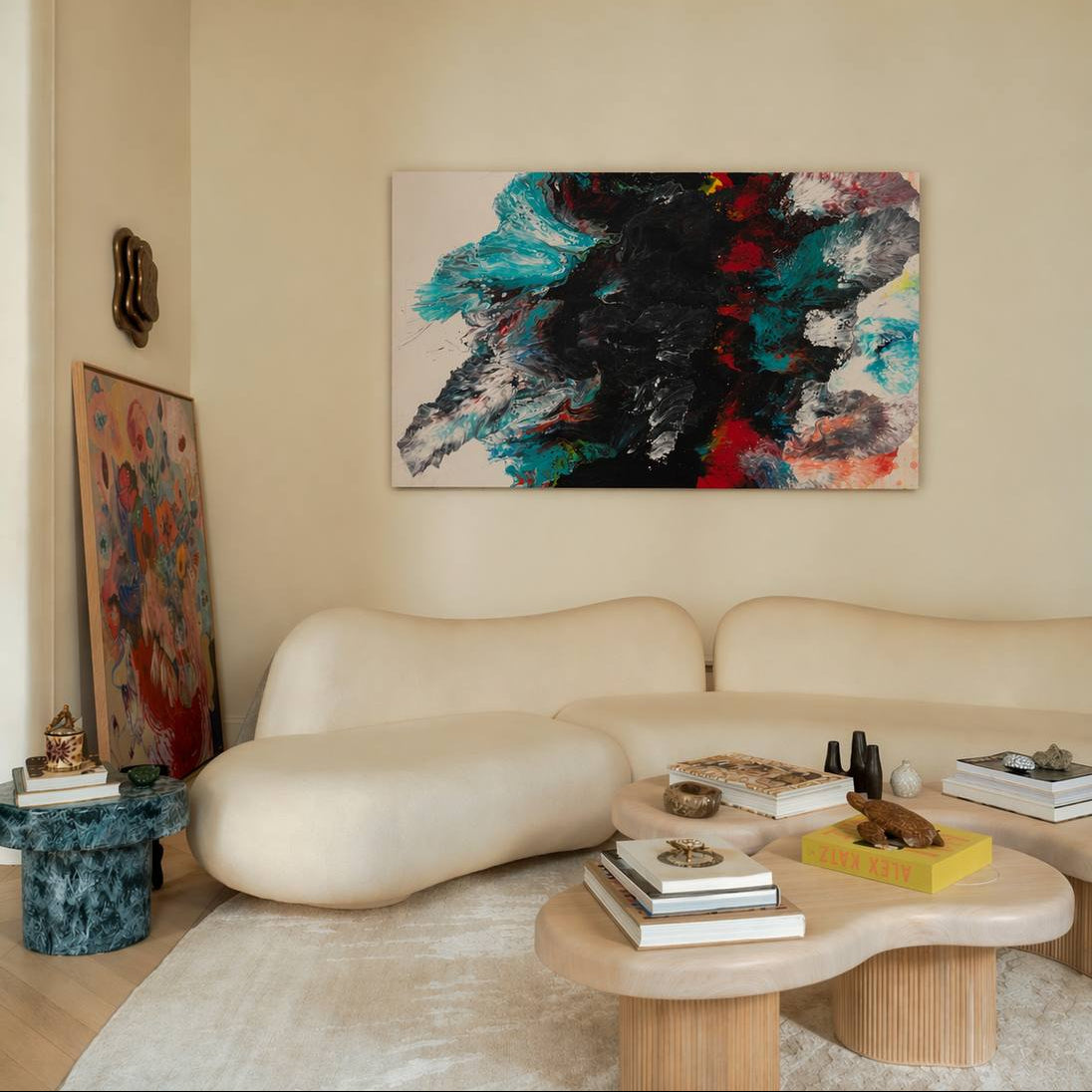 Abstract fluid art painting in black, red, turquoise, and white tones – Lily Glow Decor