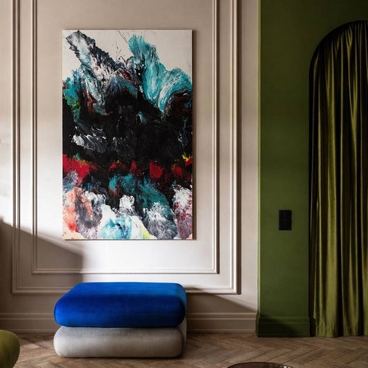 Abstract fluid art painting in black, red, turquoise, and white tones – Lily Glow Decor