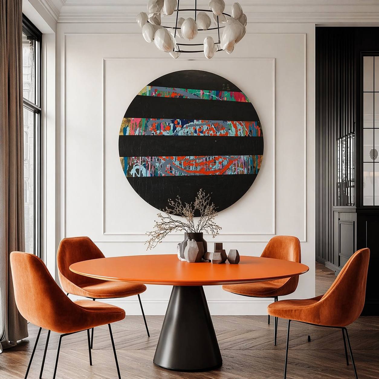 Round abstract painting with colorful splashes and black stripes by Lily Glow Decor