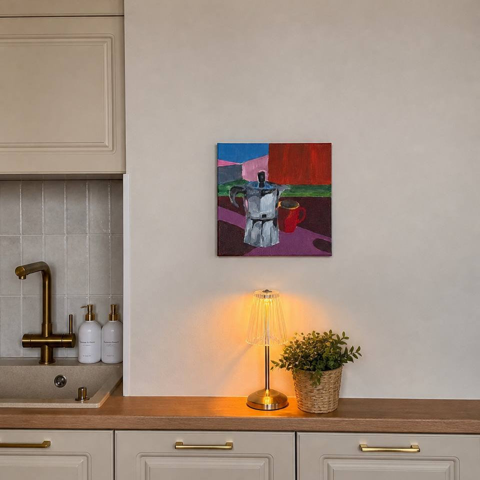 Colorful still life painting featuring a moka pot coffee maker and red coffee cup on a modern abstract background by Lily Glow Decor