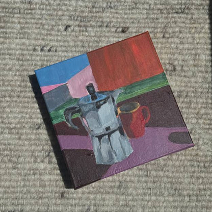Colorful still life painting featuring a moka pot coffee maker and red coffee cup on a modern abstract background by Lily Glow Decor