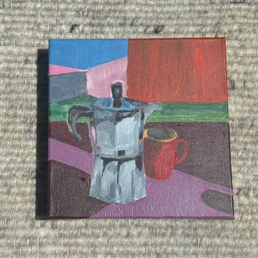 Colorful still life painting featuring a moka pot coffee maker and red coffee cup on a modern abstract background by Lily Glow Decor