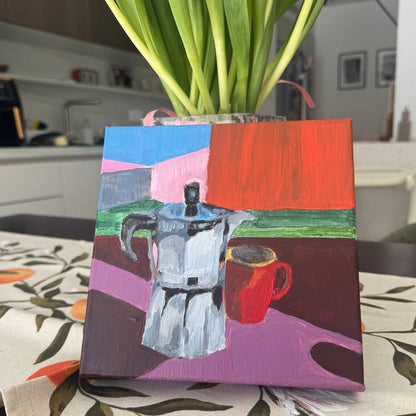 Colorful still life painting featuring a moka pot coffee maker and red coffee cup on a modern abstract background by Lily Glow Decor