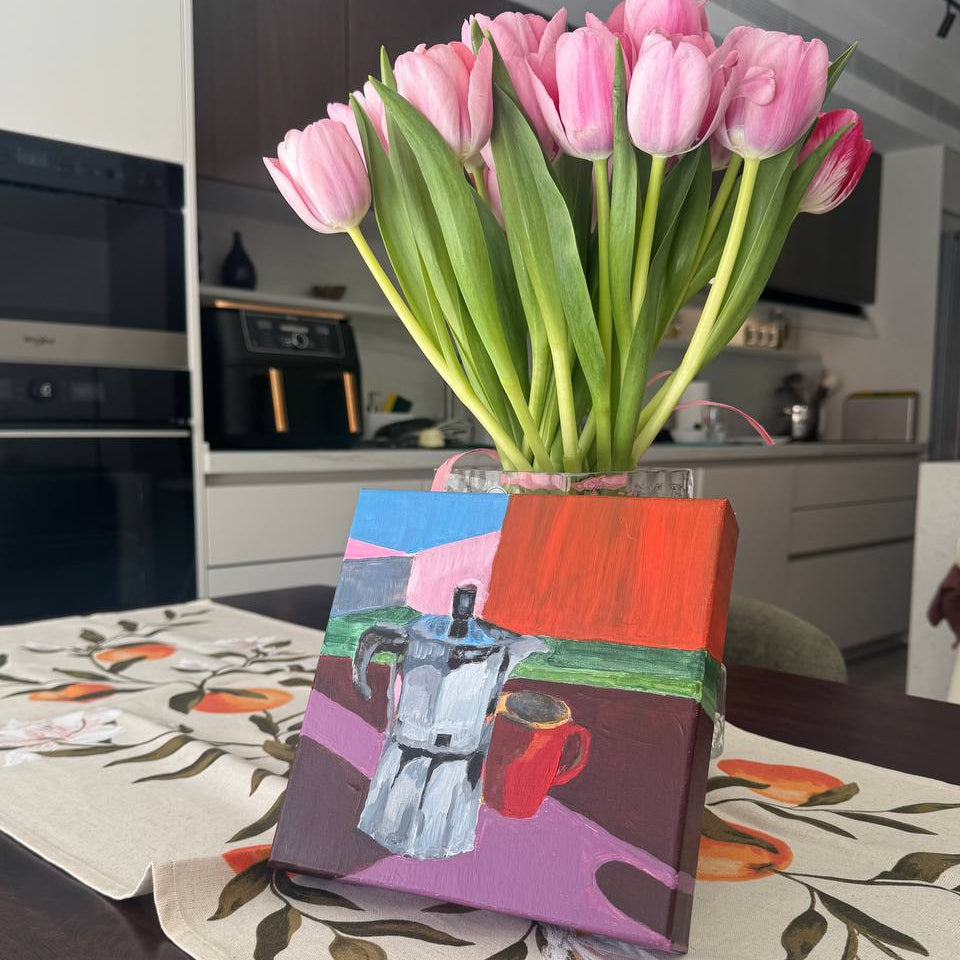 Colorful still life painting featuring a moka pot coffee maker and red coffee cup on a modern abstract background by Lily Glow Decor