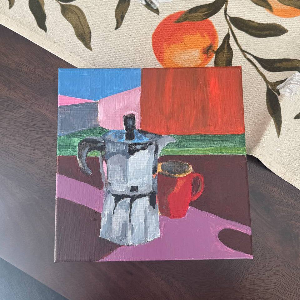 Colorful still life painting featuring a moka pot coffee maker and red coffee cup on a modern abstract background by Lily Glow Decor