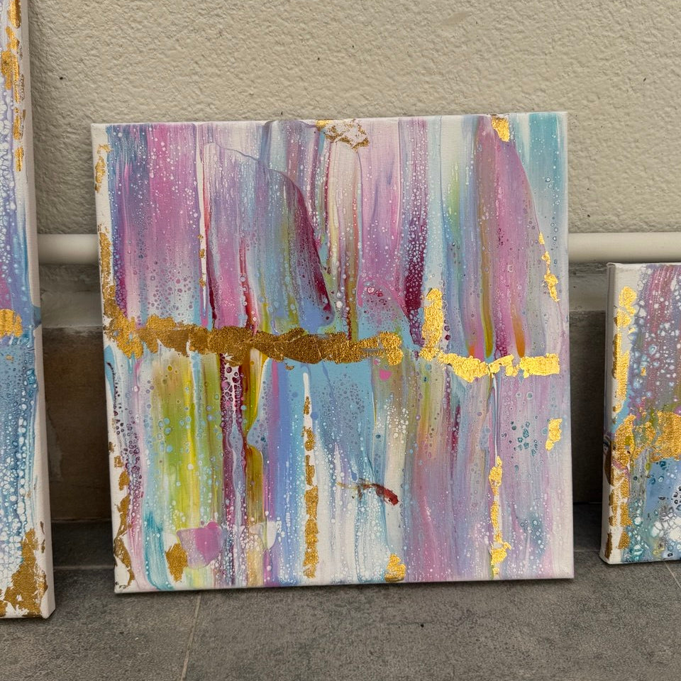 Five-piece abstract canvas wall art set with blue, lavender, white, and gold accents designed as a modern gallery wall composition by Lily Glow Decor