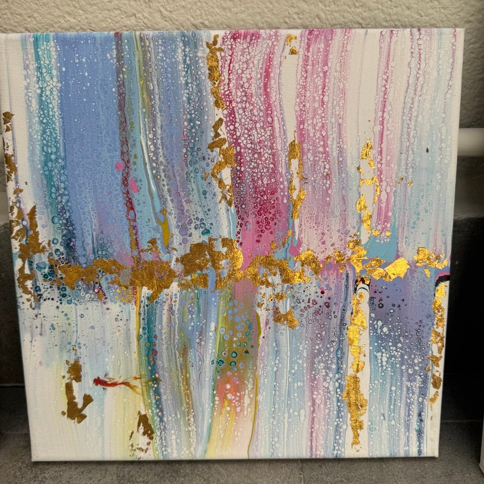 Five-piece abstract canvas wall art set with blue, lavender, white, and gold accents designed as a modern gallery wall composition by Lily Glow Decor