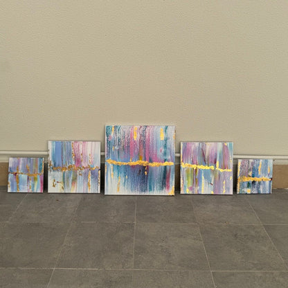 Five-piece abstract canvas wall art set with blue, lavender, white, and gold accents designed as a modern gallery wall composition by Lily Glow Decor