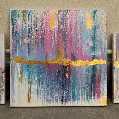 Five-piece abstract canvas wall art set with blue, lavender, white, and gold accents designed as a modern gallery wall composition by Lily Glow Decor