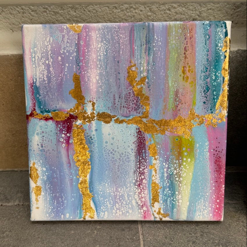 Five-piece abstract canvas wall art set with blue, lavender, white, and gold accents designed as a modern gallery wall composition by Lily Glow Decor