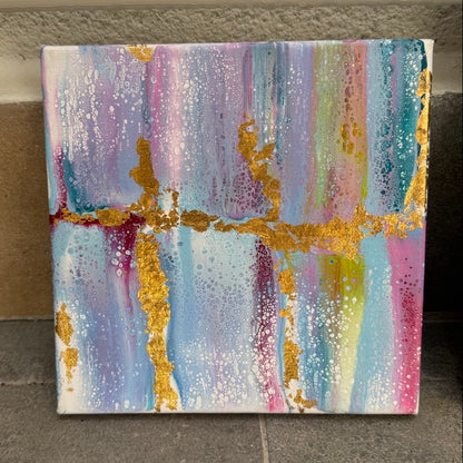 Five-piece abstract canvas wall art set with blue, lavender, white, and gold accents designed as a modern gallery wall composition by Lily Glow Decor