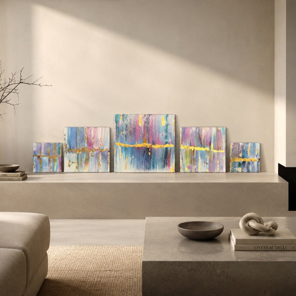 Five-piece abstract canvas wall art set with blue, lavender, white, and gold accents designed as a modern gallery wall composition by Lily Glow Decor
