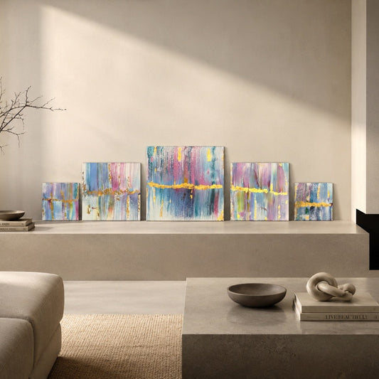 Five-piece abstract canvas wall art set with blue, lavender, white, and gold accents designed as a modern gallery wall composition by Lily Glow Decor