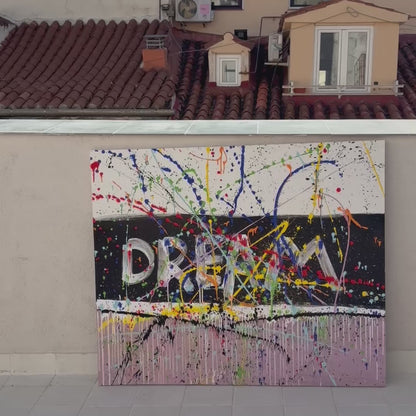 Large colorful abstract painting with word "DREAM" and bold splashes – Lily Glow Decor