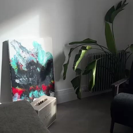 Abstract fluid art painting in black, red, turquoise, and white tones – Lily Glow Decor