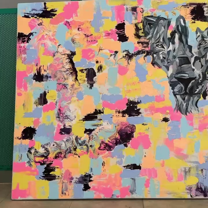 Abstract painting with wolf and colorful brushstrokes – Lily Glow Decor