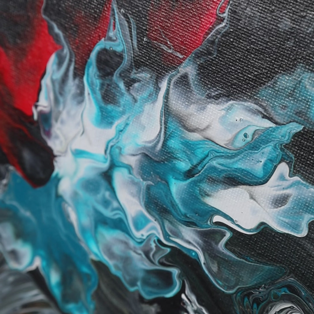 Abstract painting on black background with red, blue, and white strokes, 45x45 cm by Lily Glow Decor