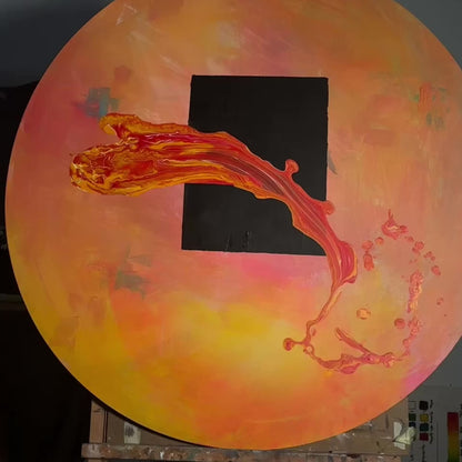 Circular abstract painting with black square and red-orange motion by Lily Glow Decor