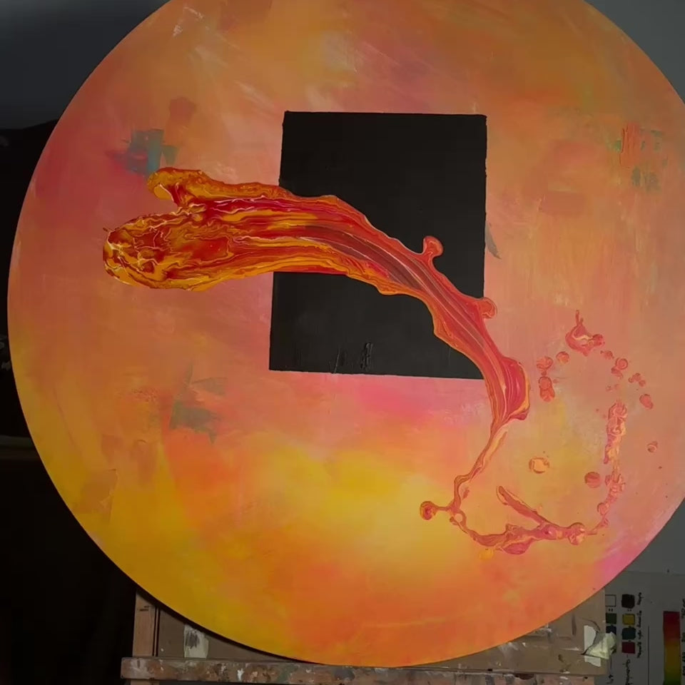 Circular abstract painting with black square and red-orange motion by Lily Glow Decor