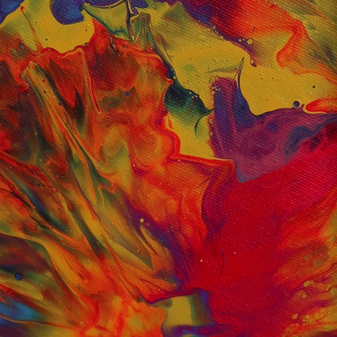 Round abstract painting with vivid red and yellow details | Lily Glow Home Decor