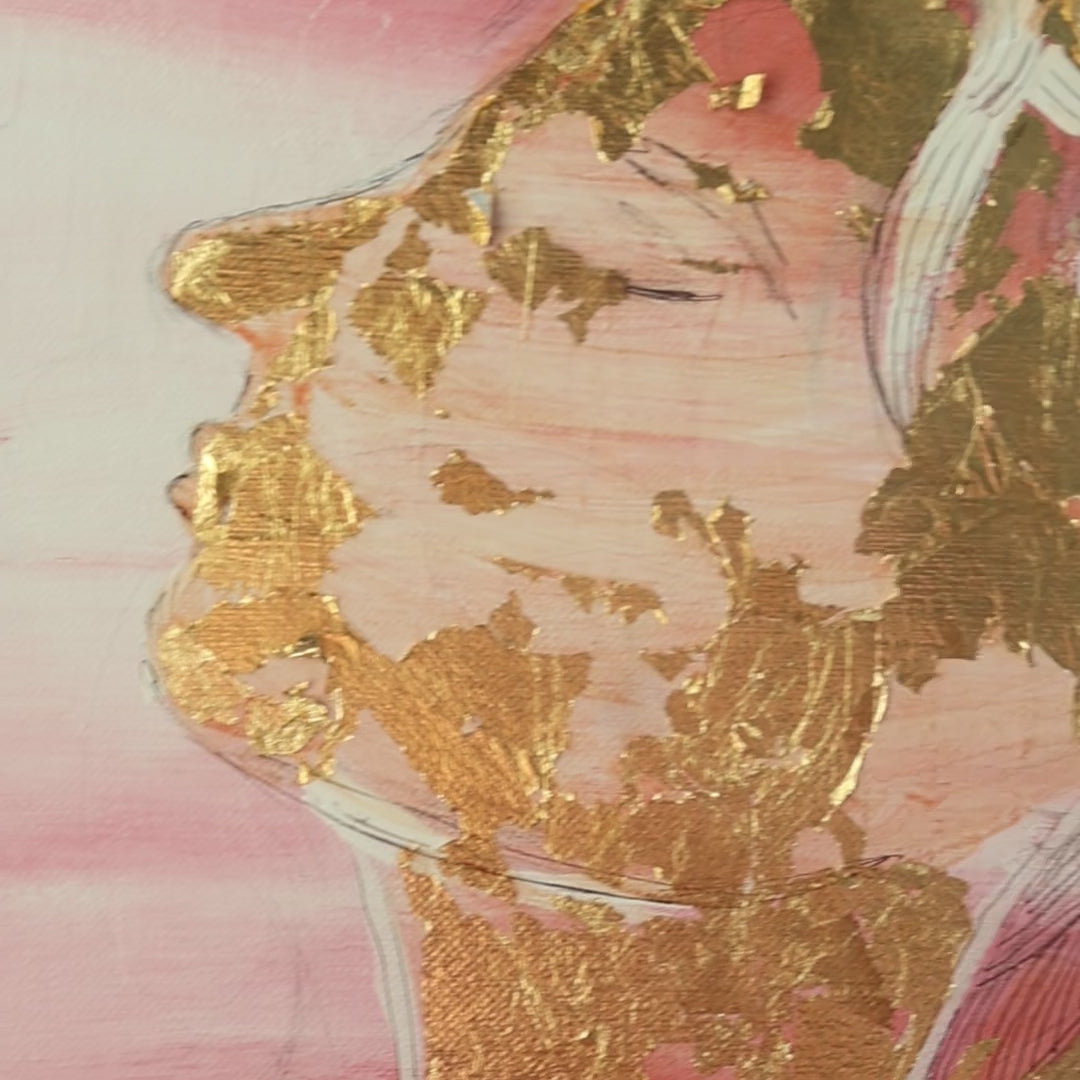 Abstract feminine silhouette with gold leaf on pink canvas – Lily Glow Home Decor