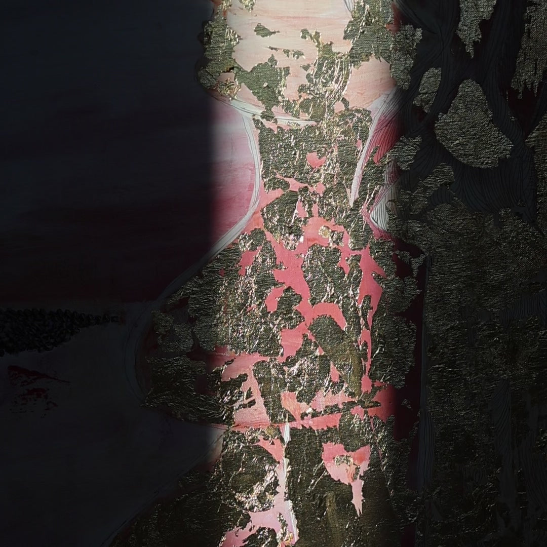 Abstract feminine silhouette with gold leaf on pink canvas – Lily Glow Home Decor