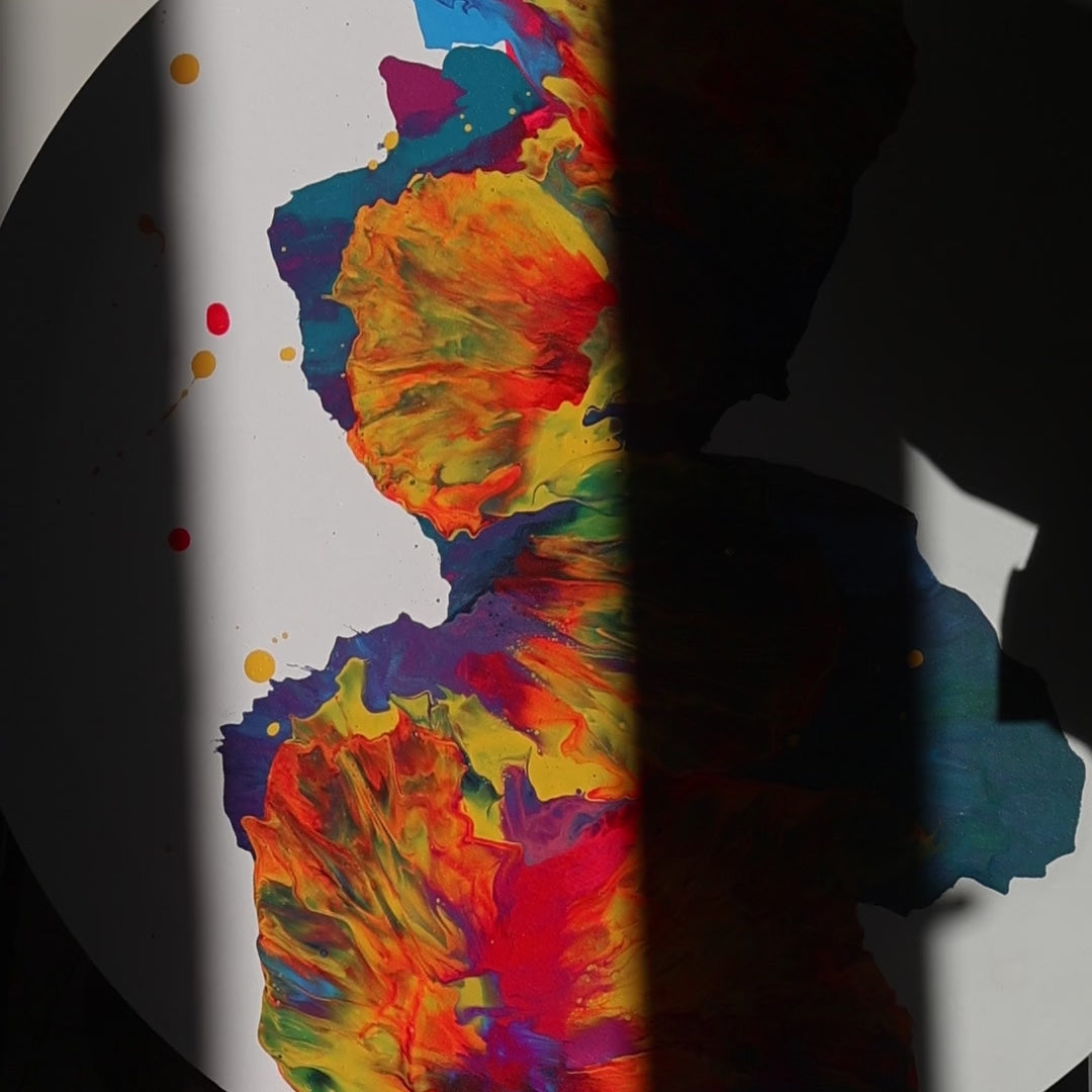 Round abstract painting with vivid red and yellow details | Lily Glow Home Decor