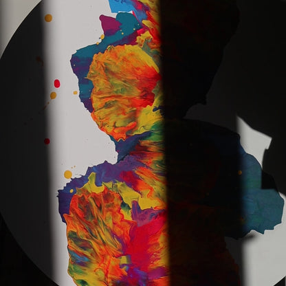 Round abstract painting with vivid red and yellow details | Lily Glow Home Decor