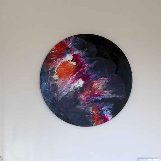 abstract round wall art, colorful modern painting, 70 cm acrylic painting, red orange wall decor, large circular canvas, bold texture art, Lily Glow Decor