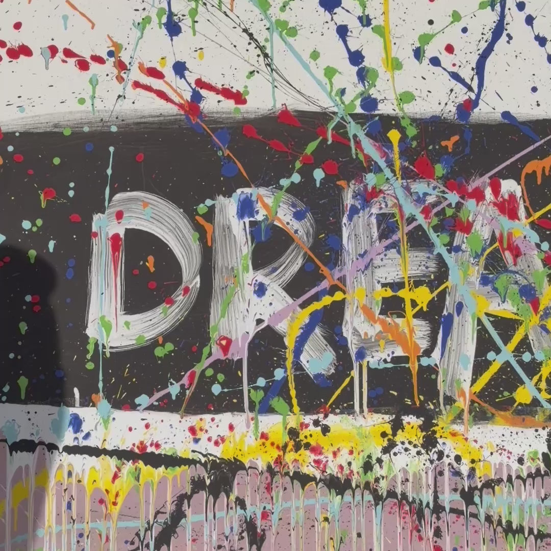Large colorful abstract painting with word "DREAM" and bold splashes – Lily Glow Decor