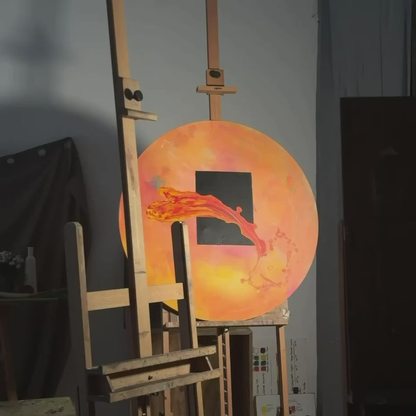 Circular abstract painting with black square and red-orange motion by Lily Glow Decor